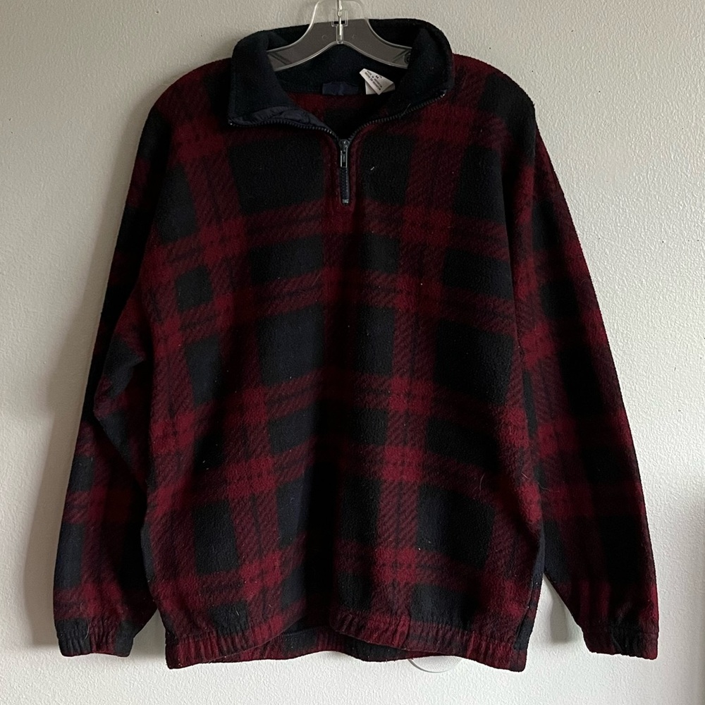 Vintage Bugle Boy Company Men’s Medium Blue And Red Plaid 1/4 Zip Fleece